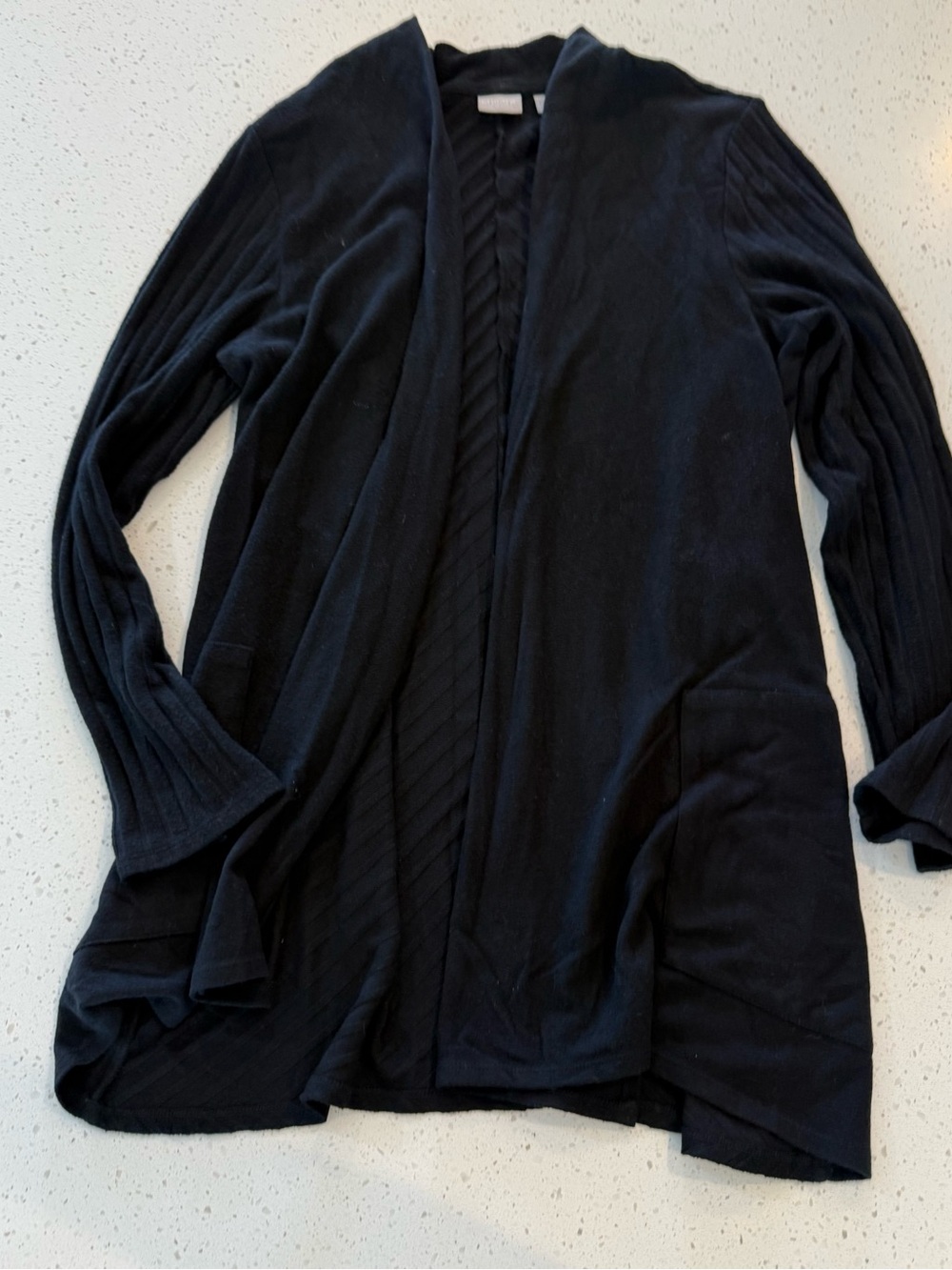 12/14 Chico's Zenergy Jacket Sweater Black Knit Open Front Long Sleeve Stretch C